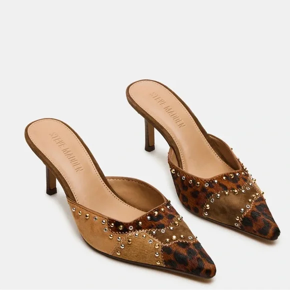Steve Madden Leopard Print & Tan Studded Pointed Mule Heels - Picture 1 of 10